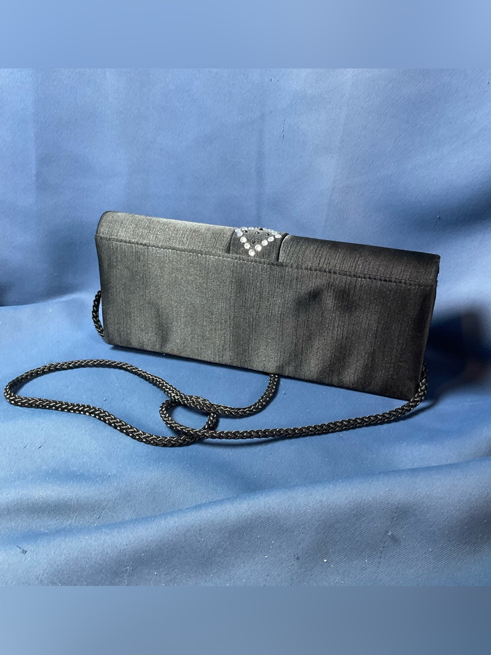 Black Satin Evening Clutch Purse Rhinestone Accent long Strap wedding Classic - Picture 2 of 8
